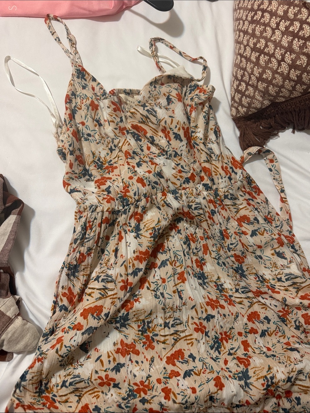 Cream Floral Midi Dress with Rust & Blue Print